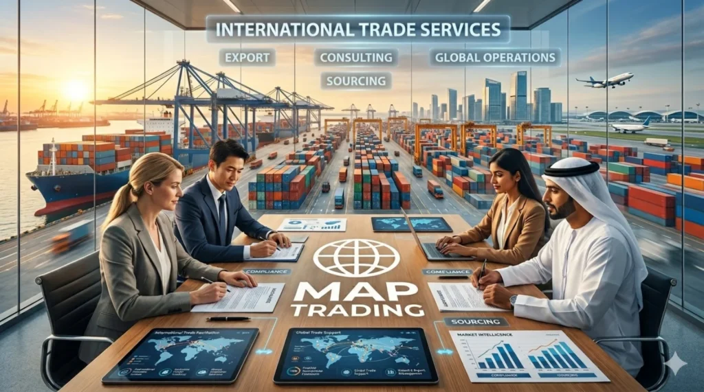 Professional team discussing international trade facilitation, import and export management, and global supply chain strategies at MAP Trading office.